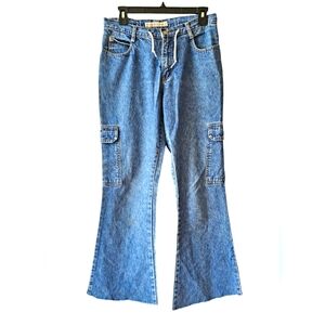 Vintage Y2k Zana Di Blue Denim Cargo Pocket Jeans Flare Distressed w/ Tie String